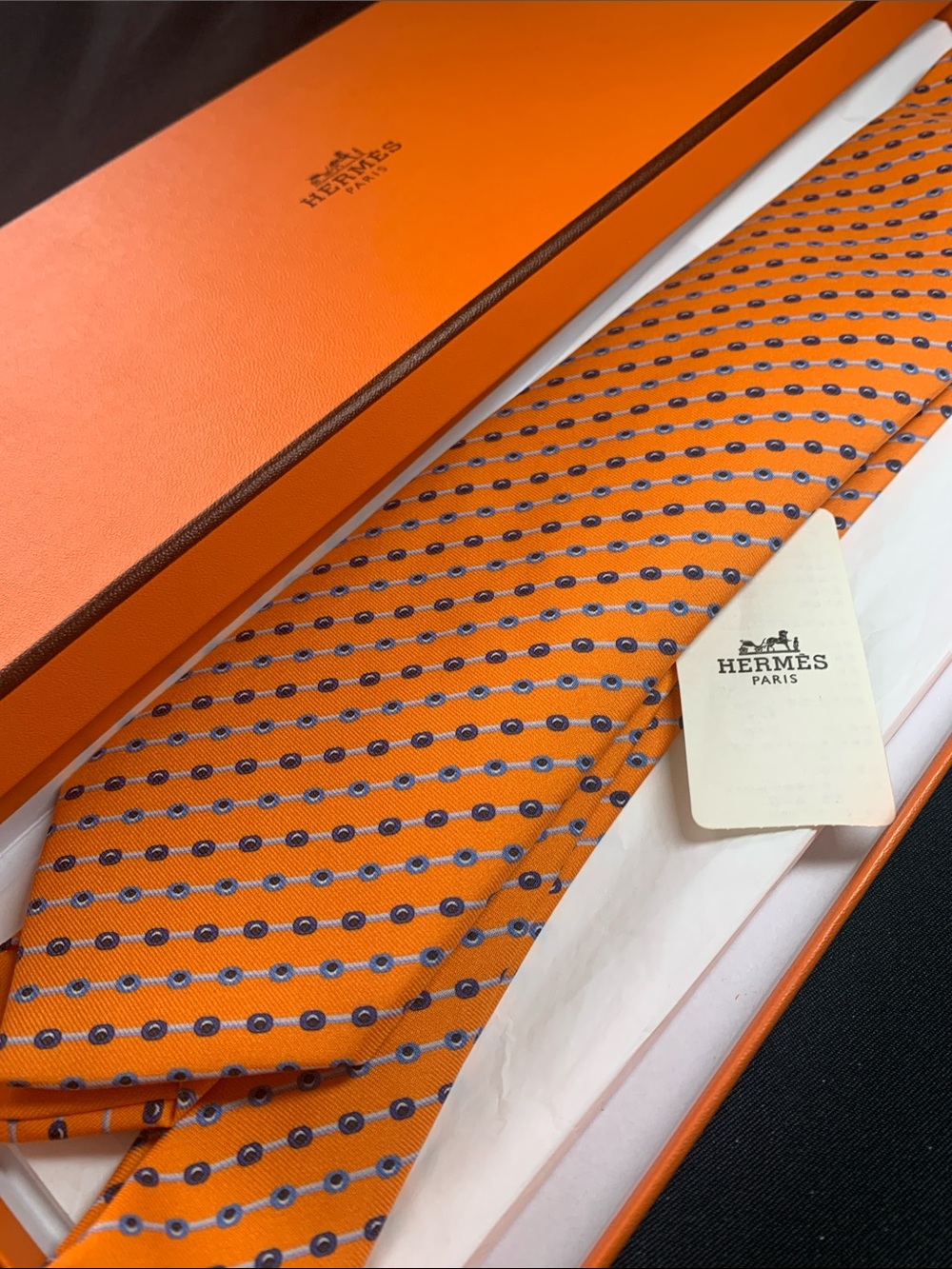 Hermès Orange Silk Tie with Blue Dot & Stripe Motif